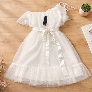 Lulu's White One-Shoulder Tulle Party Dress with Satin Bow